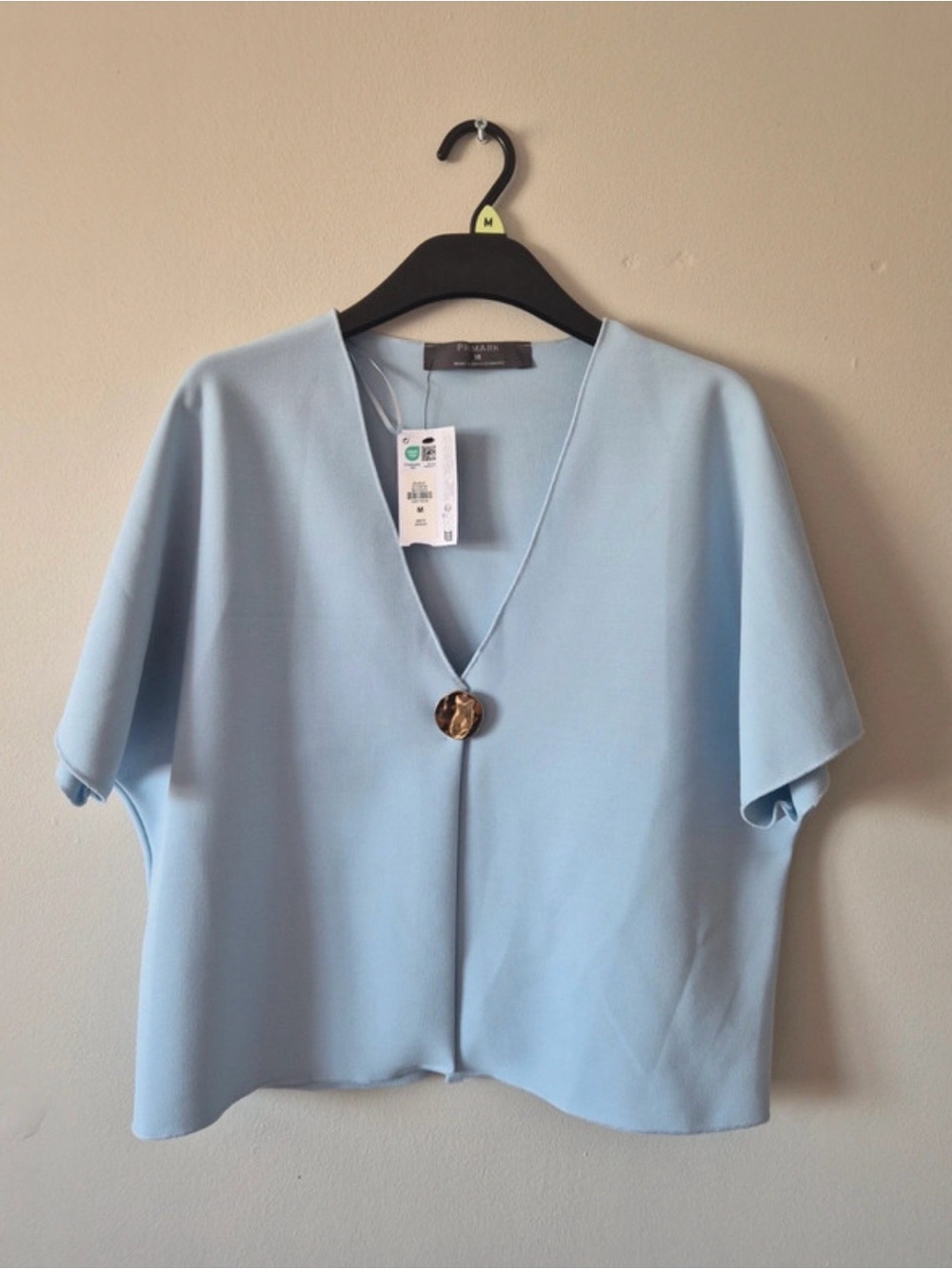 Primark Pale Blue V-Neck Short Sleeve Blouse with Statement Button